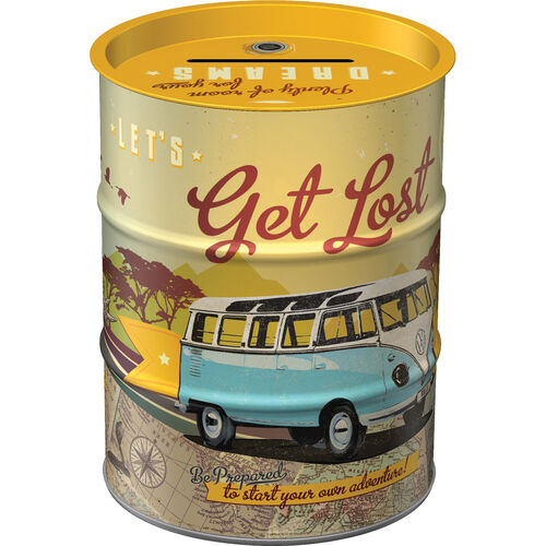 Motorcycle Savings Boxes Nostalgic-Art Moneybox oil barrel "VW Bulli - Let's Get Lost" Grey