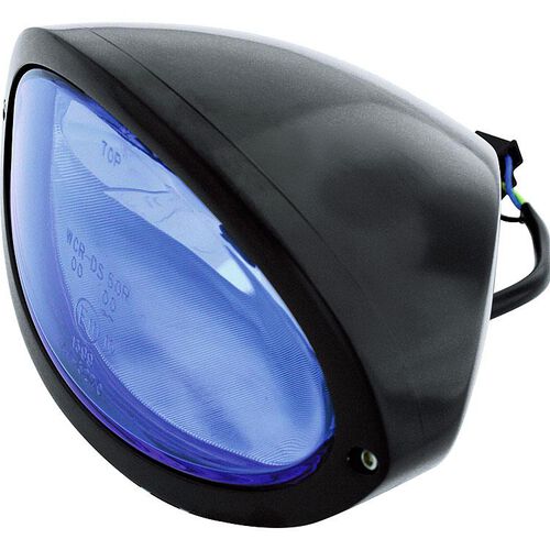 Motorrad Scheinwerfer & Lampenhalter Highsider H4 Hauptscheinwerfer Iowa oval unten schwarz, blaues Glas