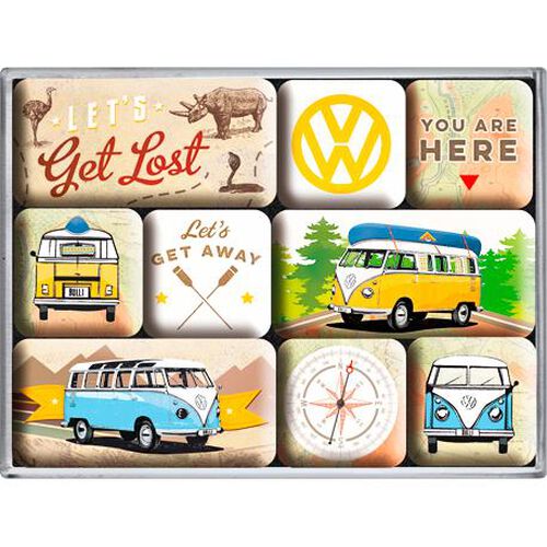 Motorrad Blechschilder & Retro Nostalgic-Art Magnet-Set "VW Bulli-Let´s Get Lost" Schwarz