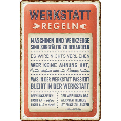 Motorrad Blechschilder & Retro Nostalgic-Art Blechschild 20 x 30 cm "Werkstattregeln" Neutral