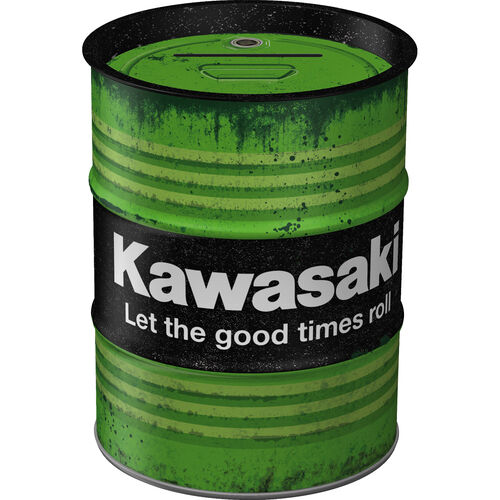 Motorcycle Savings Boxes Nostalgic-Art Money box oil barrel "Kawasaki - Let The Good Times Roll" Grey